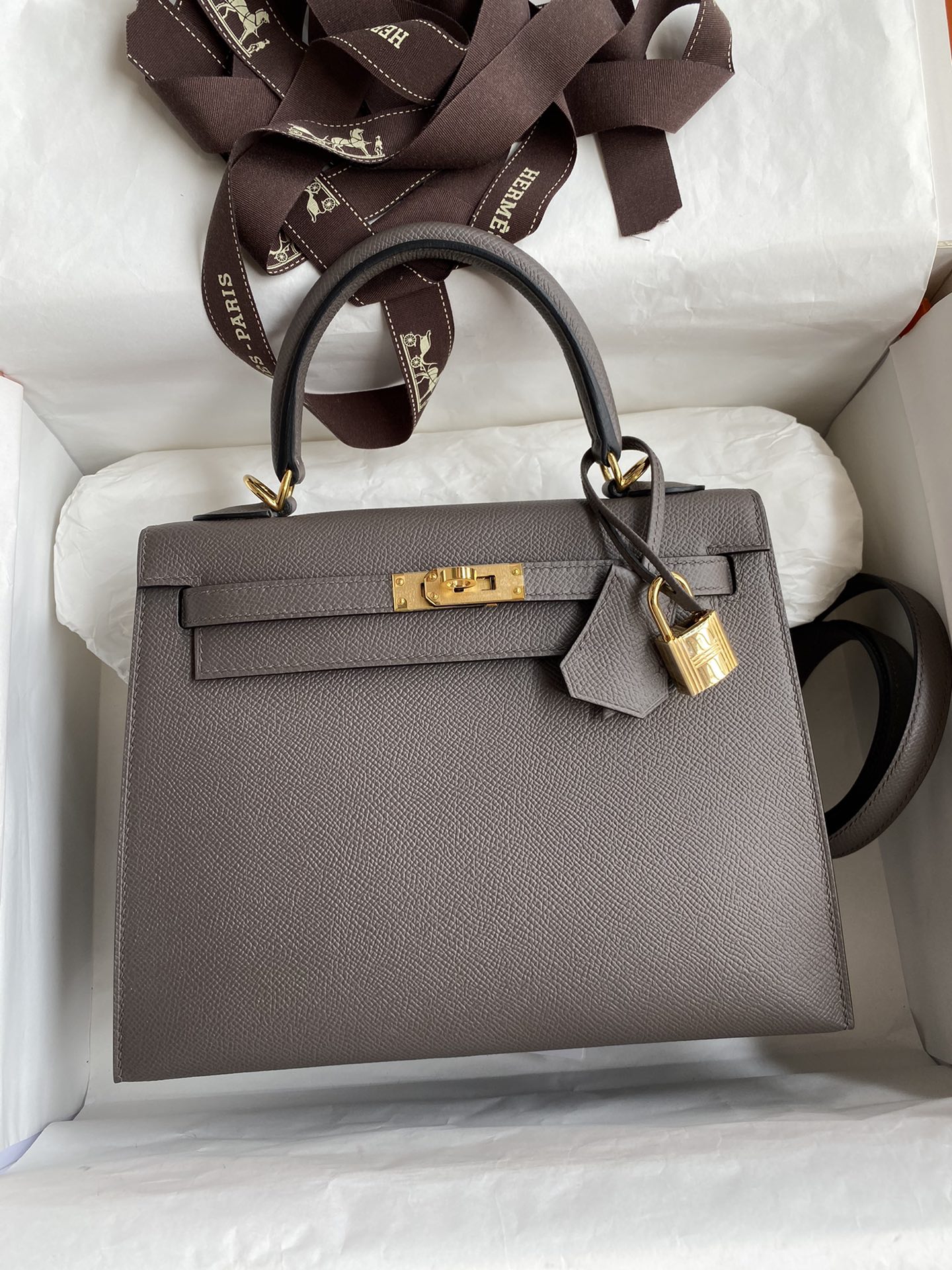 Hermes Kelly 25cm Handbag Shoulder Bag in Grey Epsom Leather